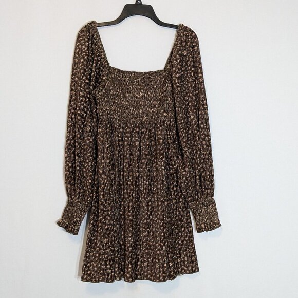 JACQUIE THE LABEL Brown Floral Smocked Corduroy Long Sleeve Short Dress; Size L - Picture 1 of 6